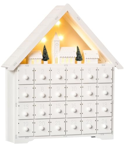 HOMCOM 24-Drawer Christmas Advent Calendar, Wooden Light-Up Traditional Decoration, Adults Kids Countdown Holiday House w/Lights Handle White