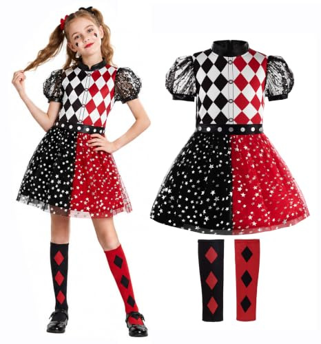 ReliBeauty Disfraz Harlequin Niña Disfraces Joker para Niñas Halloween Carnaval