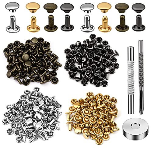 Leather Rivet Kit - Multicolor Double Cap Rivets, 6mm, 120 Sets - Includes Hollow Punch & Punch Tool for Leather Crafts, Clothes, Shoes, Jackets