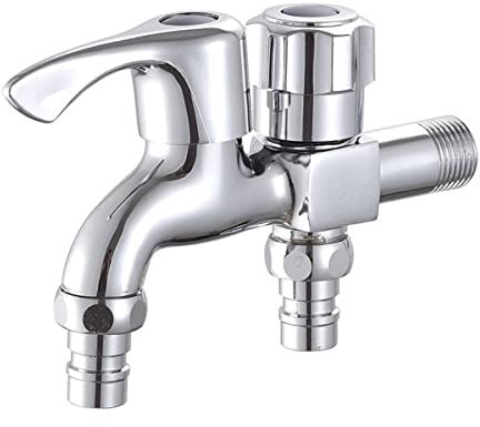 Shuiltad Montierte Waschmaschinenarmaturen Balkonwischer Waschtischarmatur Messing Doppelgriffe und Wasserauslässe Kaltwasserhahn G 1/2 Zoll Anschluss, Chrom Silber