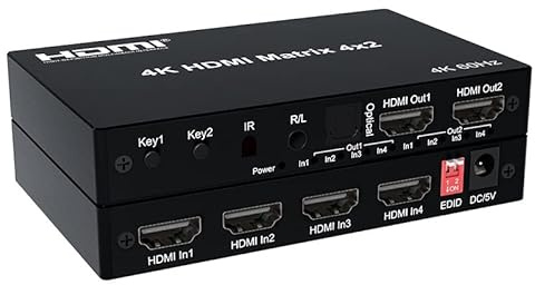 4K HDMI Matrix 4X2, HDMI True Matrix Switch Conmutador 4 in 2 out 4K 60Hz HDMI Matrix Splitter Switcher Konverter mit optischer EDID für PS4 PC (4X2)