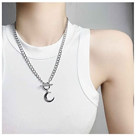Cimenexe Punk Mondsichel Anhänger Halskette Halbmond Choker Halskette Silber Knebelverschluss Halskette Choker Choker Kubanische Kette Halskette Schmuck Für Frauen Und Mädchen
