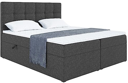 MEBLINI Boxspringbett mit Bettkasten - 160x200 - Gepolstert Doppelbett mit Matratze und Topper - Polsterbett mit Stauraum - Bett mit Kopfteil - Stauraumbett - NILS - H4/Dunkelgrau Webstoff