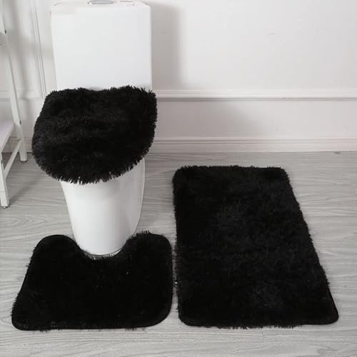 Badteppich-Set 3-teilige Rutschfeste Rutschfeste Badematte U-förmiger Konturteppich und Toilettendeckel Waschbare Duschmatte Super Weich Badteppich Badezimmer Matte WC-Sitz Bezug (Schwarz)