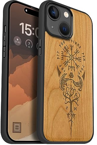 Carveit Holz Cover für iPhone 15 hülle, Kompatibel mit Magsafe Silikon Stoßfeste Cover, Magnetisch hull für Apple 15 Case（Kirschholz-Wikingerkompass Vegvisir）.