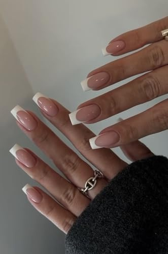 MouyouGlow Press on Nails kurz,Ballerina Rosa Nude Weiß French Fake Nails mit Nagelkleber,Pink White Tip Acryl Künstliche Fingernägel