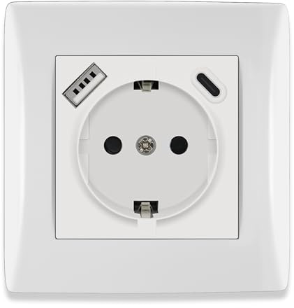 BSEED Schuko Steckdose mit USB/TYPE C Port, USB Steckdose Unterputz mit Steckklemme, PC Rahmen Einbausteckdose mit USB C Unterputz, Schutzkontakt Wandsteckdose Weiß 16Amp für Handy, Pad usw.- 80mm
