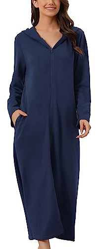 cheibear Damen Robe mit Reißverschluss vorne und Kapuze Hauskleid Nachthemd Hausmantel Kapuzenpullover langer Loungewear Bademantel Navy blau XXL
