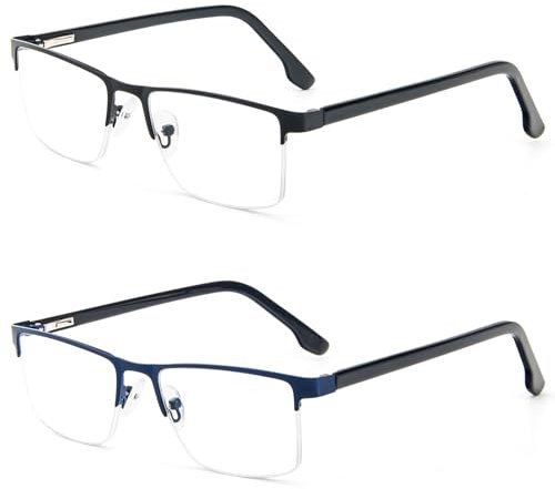 MMOWW 2er-Pack Lesebrille Herren Mit Blaulichtfilter, Rechteckige Halbrahmen Metall Lesebrillen Lesehilfe, Feder Scharnier Lesebrillen (Schwarz+Blau, +3,0)
