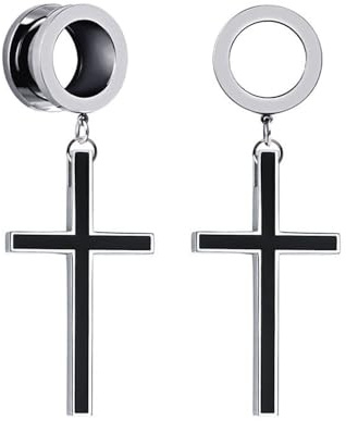2 PCS Ear Gauges Cross Pendant Gauge Tunnel Piercings For Women & Men- Stainless Steel 316l Pierced Hangers Earrings For Stretched Earlobe