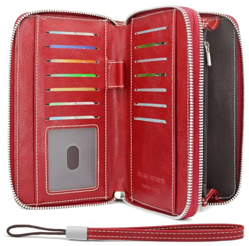 HNOOM Geldbörse Damen Groß – Portemonnaie Damen aus PU Leder mit 14 Kartenfächern, Münzfach & RFID-Schutz – Stylische Frauen Geldbeutel Groß mit Doppeltem Reißverschluss – Lang & Viel Platz (Weinrot)