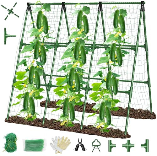 Gurken-Rankgitter für Hochbeet, faltbares A-Rahmen-Garten-Rankgitter für Kletterpflanzen im Freien, mit Kletternetz, kunststoffbeschichteter Stahlkern, robuste Konstruktion, für Gurken- und