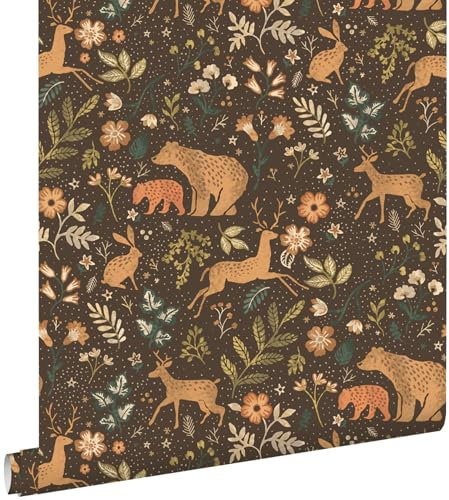 papier peint forêt avec des animaux de la forêt marron et beige 53 cm x 10.05 m - ESTAhome