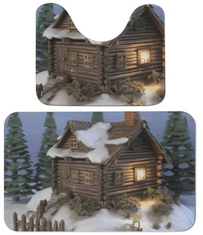 Badezimmerteppich-Set, weich, saugfähig, Mikrofaser, U-förmiger WC-Vorleger, rutschfester Badteppich, Holz, rustikal, Landhauslandschaft, Badematten für Badezimmer, Badewannenmatte, 2-teilig