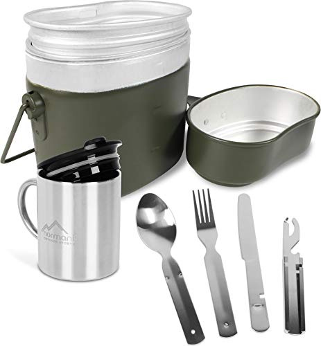 Kochgeschirr Set aus Bundeswehr Aluminium Kochgeschirr + BW Besteck mit Flaschenöffner und rostfreier Edelstahltasse mit Trinkdeckel