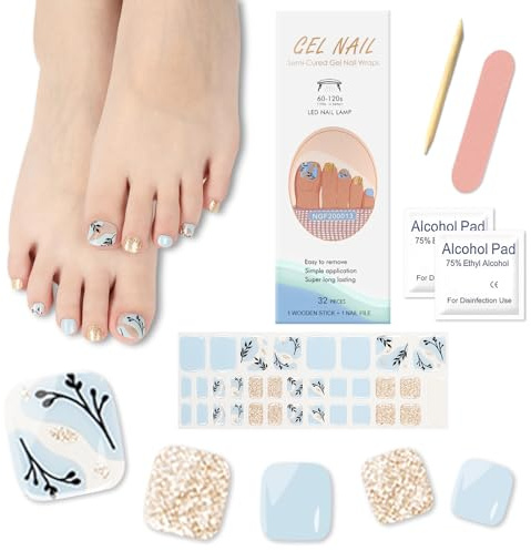 Ceboic Uñas de Gel Pegatinas para Pies UV, 32Pcs Tiras Gel Esmalte Semicuradas, Pegatinas Uñas Semipermanente para Pies, Pegatinas Uñas Pies para Mujeres Uñas Decoraciones - Palma Azul Océano