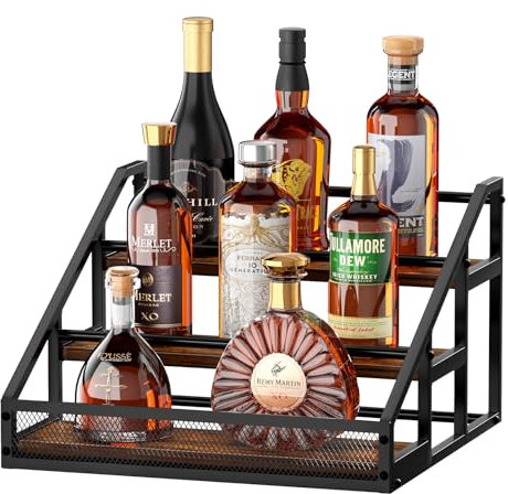 TJ.MOREE Weinständer aus Holz mit Tablett,3-stöckiges Regal für Spirituosenflaschen, Barregale für Spirituosenflaschen, Barregal für Spirituosenflaschen, Spirituosenregal