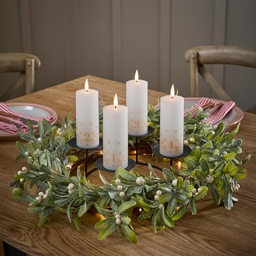 Lights4fun Mistelzweig Adventskranz Set TruGlow® 4er Set Adventskerzen mit Zahlen mit Fernbedienung und Timer LED Kerzen 4er Set Adventskranz