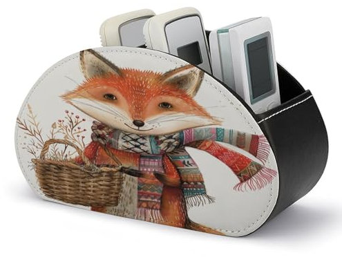 Caja de cuero para guardar mandos a distancia de TV, soporte para mandos a distancia, cesta con estampado de zorro, 5 compartimentos, se adapta a controladores multimedia, brochas de maquillaje, ofici