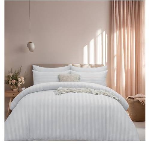 J.Din Super King Size Satin Stripe Reversible Duvet Cover Sets, White | Soft Brushed Microfiber Bedding 3 Piece Duvet Bed Set Hotel Quality Quilt Cover with 2 Pillowcases