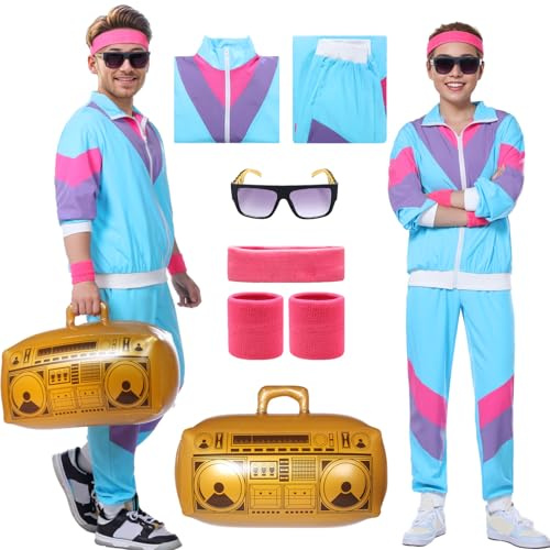 Ficlwigkis 80er 90er Jahre Outfit Herren Damen,8 Pcs 80er 90er Kostüm Bad Taste Outfit Herren Damen mit Jacke Hose Stirnband Armbänder Brille Aufblasbare Radio für Karneval (Blau, XL)