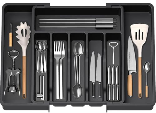 KOOSREEL Plateau d'Ustensiles Extensible pour Tiroir,Range Couverts,Organisateur de Tiroir pour la Cuisine,Support de Rangement en Plastique pour Couverts, Cuillères, Fourchettes,etc,Noir