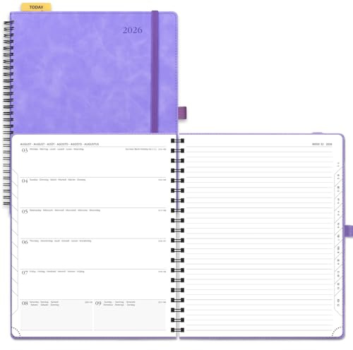 POPRUN Kalender 2026 Buchkalender Ringbuch mit Softcover, ca. A4 (26,5 x 21,5 cm) - Terminplaner, Wochenplaner Notizbuch (Jan.2026-Dez.2026) mit 100 GSM Papier - Flieder