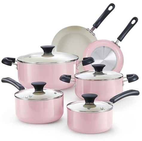 Cook N Home Basics Ceramic Nonstick Cookware Set, 10-Piece, Pink
