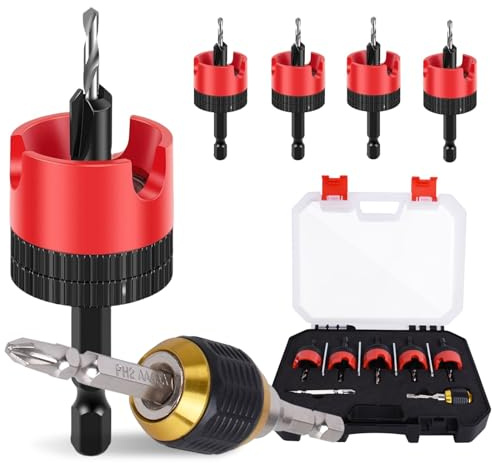 Rodison 5 tlg Senkbohrer Holz Set (2,8-4,0mm) mit Tiefenanschlag | EinstellbareBohrsenker, 1/4 Sechskant-Schäft und Schraubendreher für Holzbearbeitung & Bohrungen