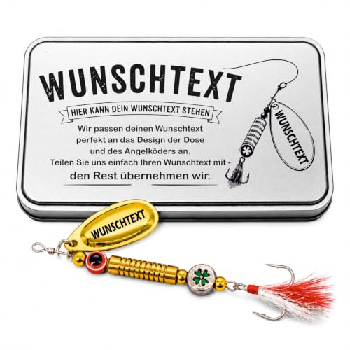 Gluecksfish Angler Geschenkbox mit Wunschgravur – Personalisierte Geschenkidee für Fischer mit Köder, Haken & Spinner
