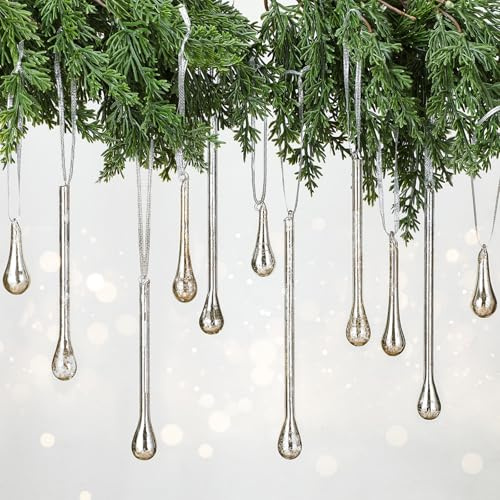 Yalikop 24 Pcs Mercury Glass Teardrop Christmas Ornaments Icicle Raindrop Christmas Tree Hanging Decoration Vintage Chandelier Crystal Pendant for Xmas Tree Winter Holiday Party Supplies (Silver)