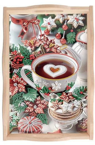 JISHSHAY Christmas Diamond Painting Serving Tray Coffee Diamond Painting Tray Wood Christmas Painting Diamond Serving Dish Christmas Diamond Art Cross Stitch Kit Embroidery Serving Tray Christmas