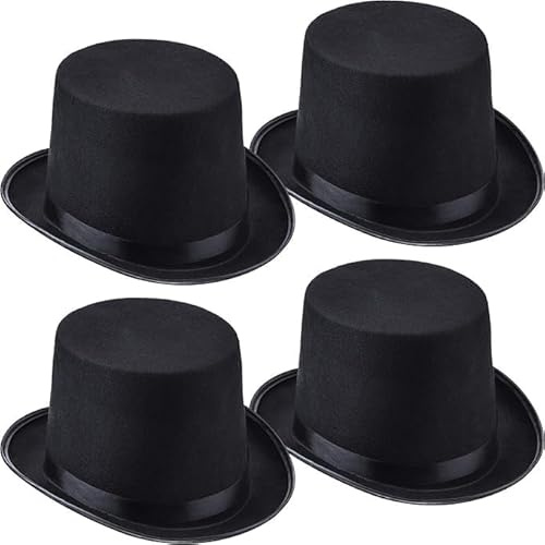 ASMIZ Lot de 4 Chapeaux Haut de Forme Noirs en Feutre, Accessoires de Costume pour Homme, Chapeau de Magicien pour Fête, Cosplay, Noël