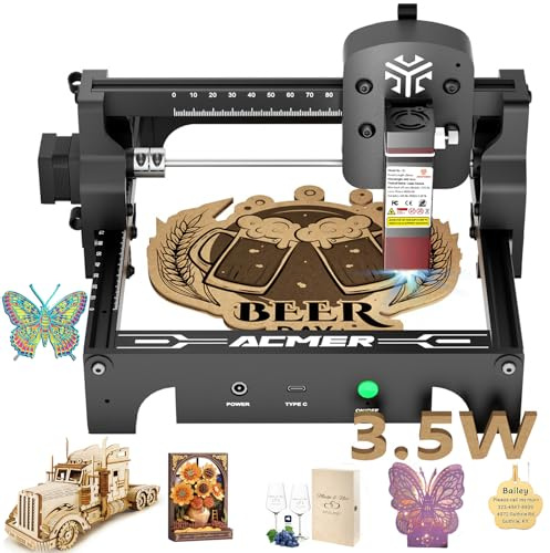 Acmer S1 Laser Graviermaschine, 3500mW hochpräziser Laserschneider und Gravurmaschine, Tragbar 130x130mm Arbeitsbereich für Holz und Metall, DIY Lasergravierer