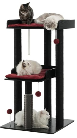 FourFurPets 111cm Katzenbaum, moderner Katzenbaumturm, Katzenturm für große Erwachsene Hauskatzen, großer Katzenbaum mit Kratzsäule, Katzenhöhle für Erwachsene Katzen, Schwarz