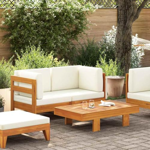 HaoChrymec 2-TLG. Garten-Lounge-Set mit Massivem Akazienholz, Cremeweiße Kissen, Gartensofa und Tisch, Sitzkomfort, Balkonmöbel Set, Outdoor Möbel, 63 x 63 x 60 cm