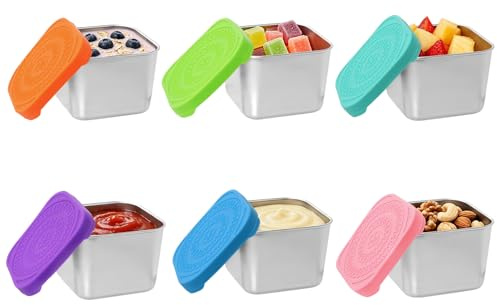 6 Pack Stainless Steel Snack Pots with Silicone Lids -180ml Leakproof Metal Food Storage Containers for Snacks Salad Fruit Yoghurt, Stackable Snack Box for Lunch Boxes, Travel, Meal Prep, Kitchen