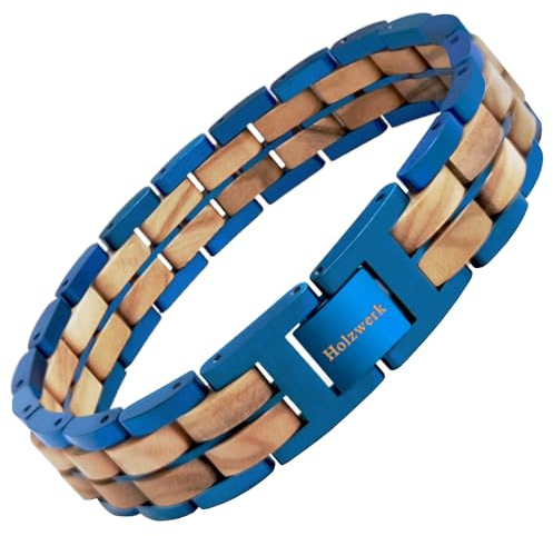 Holzwerk OBERSEE Natur Holz Armband für Damen und Herren Holzarmband Herrenarmband Damenarmband Braun Blau Einstellbar inkl. Armbandkürzer und Aufbewahrungsbox