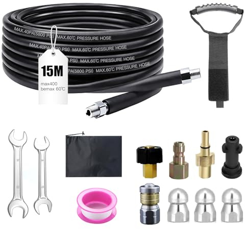 Rörrengöringsslang set 15 m – 400 bar/140 °C – kompatibel med Kärcher K2-K7 & Bosch – inkl. adapter och rengöringsmunstycken – för igensatta avlopp och rör – universellt användbar