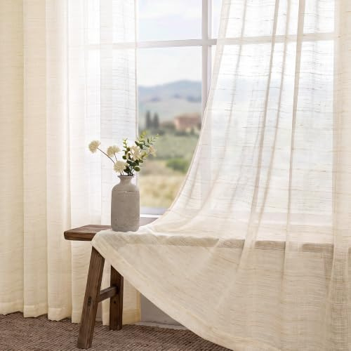 Gardinen Ösen Beige Voile Leinen Transparent für Wohnzimmer Modern Schlafzimmer Kinderzimme Vorhänge Durchsichtig Lichtdurchlässig Sheer Curtains Halbtransparent Natur landhausstil H245 x B140 cm 2PC