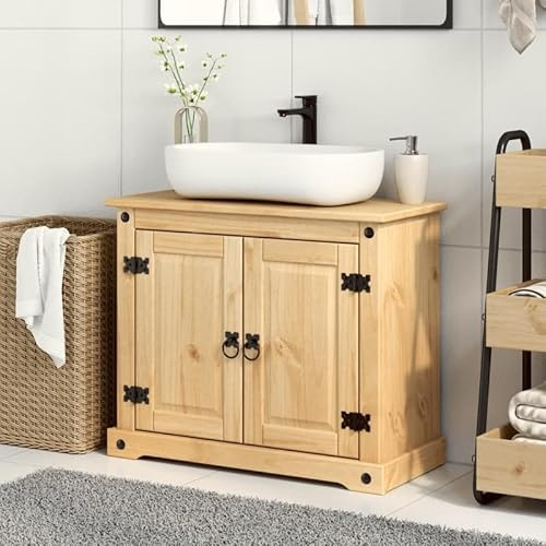 Eleganz Mobile sottolavabo in legno di pino massiccio con finitura in cera di miele 73 x 33 x 60 cm – Set di mobili da bagno per lavabo, durevole ed ecologico