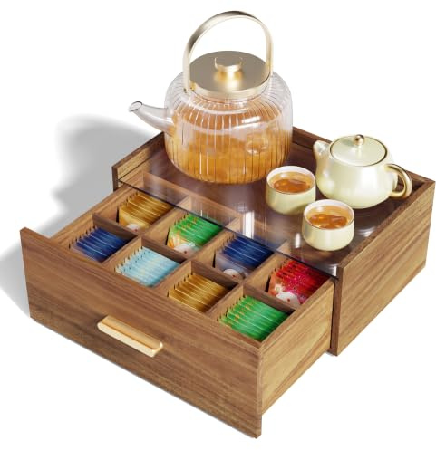 Alsonerbay Teebox Akazienholz mit Schublade, 8 Fächer Tee Organizer | Teebeutel-Aufbewahrung mit gehärtetem Glasfenster. Organizer für Arbeitsplatte, Speisekammer & Süßstoffe