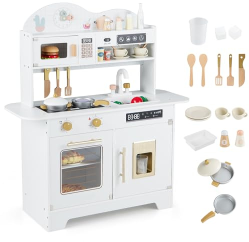 COSTWAY Cucina Giocattolo per Bambini, Cucina Gioco in Legno con Forno, Macchina per Ghiaccio, Fornello Interattivo e 17 Accessori, per Bambini 3+ Anni, 79,5 x 39,5 x 90,5 cm (Bianco)