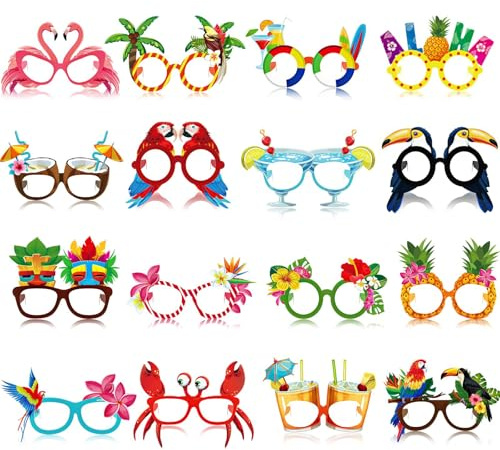 Moxychrony 16 Pcs Beach Pool Party Eyeglasses Decor, Summer Paper Glasses | Bulk Hawaiian Sunglasses Frame, Tropical Pool Props Photo Booth Props for Summer Beach Party, Favor Birthday Supply Decor