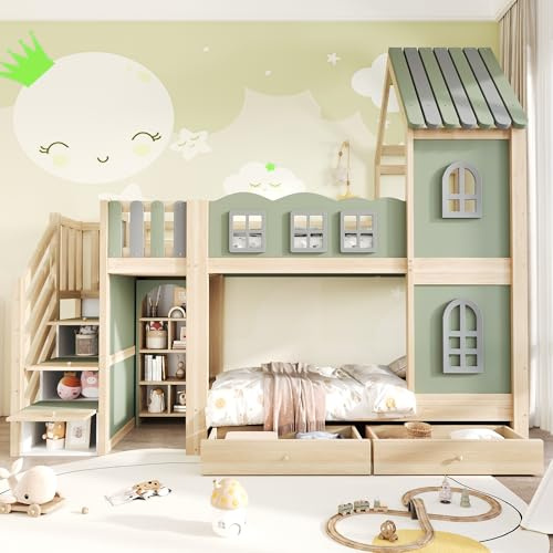 Trdlpyn Letto Casetta per Bambini Ragazzi 90x200cm con Scaletta Contenitore, Mensole e Cassetti, Tetto con finestre, Letto a Castello Matrimoniale con Rete a Doghe (Verde) Senza Materasso