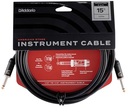 D'Addario Guitar Cable - American Stage - Made in the USA - Geo Tip for Secure Connection - 1/4 Inch Male to 1/4 Inch Male - 15 Feet - Straight Ends - 1 Pack