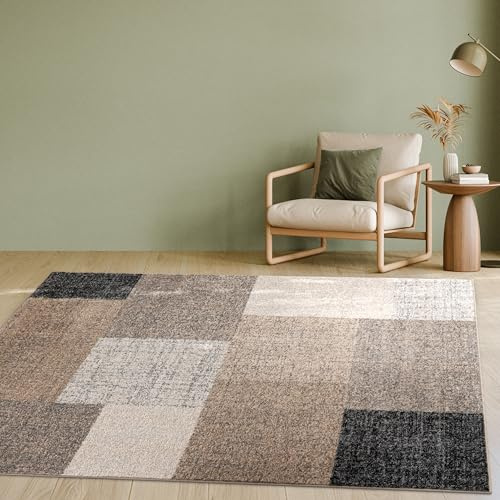 Paco Home Designer Teppich Modern Kariert Kurzflor Teppich Design Meliert In Braun Creme, Grösse:120x170 cm