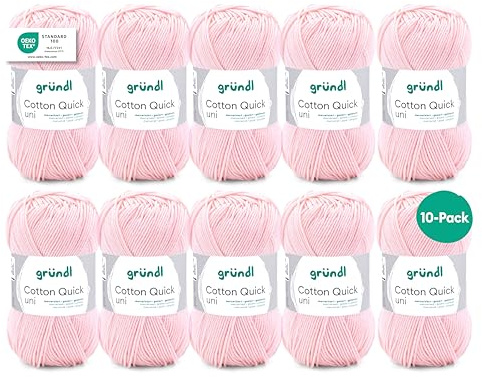 Gründl Wolle Cotton Quick uni - dünne Wolle zum Häkeln - Strickgarn - Häkelgarn - Glänzend und hautfreundlich - 100% Baumwolle - 10 Knäuel 50 g / 125 m - Nadelstärke 3-4 - Hellrosa
