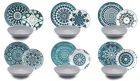 Excelsa Mandala, Tellerservice, 18-teilig, Porzellan, Hellblau/Grau