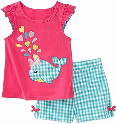 Girl Summer Short Set Cotton Outfits Pink Fish Top Shirt Check Shorts Pant 2PC Set 3t